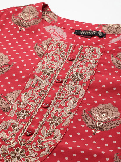 Straight Style Silk Fabric Red Color Printed Kurti With Palazzo And Dupatta With Printed Work