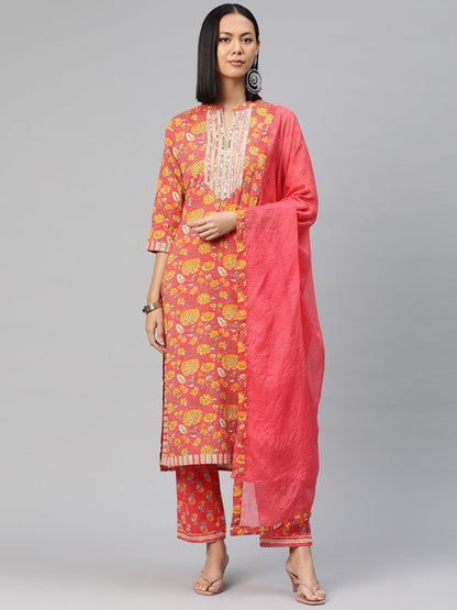 Straight Style Cotton Fabric Red Color Printed Kurti With Palazzo And Dupatta With Lace Work