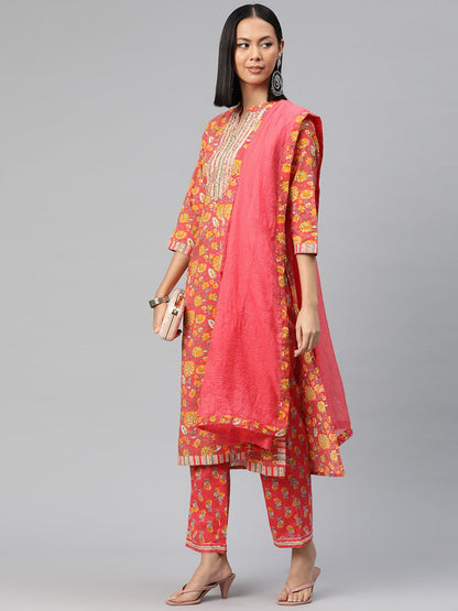Straight Style Cotton Fabric Red Color Printed Kurti With Palazzo And Dupatta With Lace Work