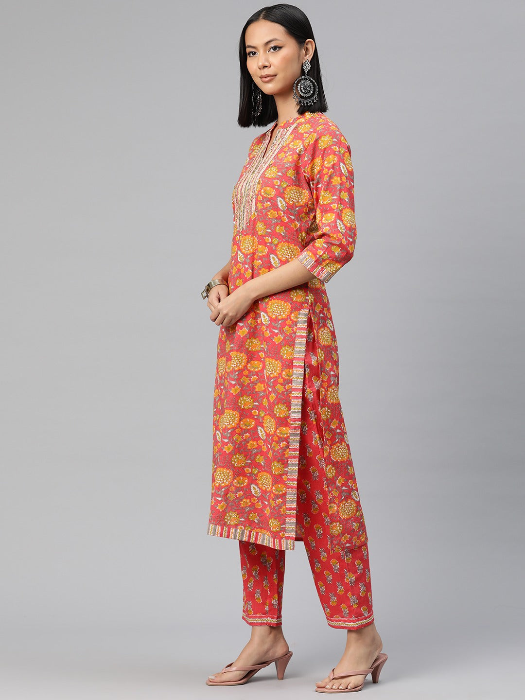 Straight Style Cotton Fabric Red Color Printed Kurti With Palazzo And Dupatta With Lace Work