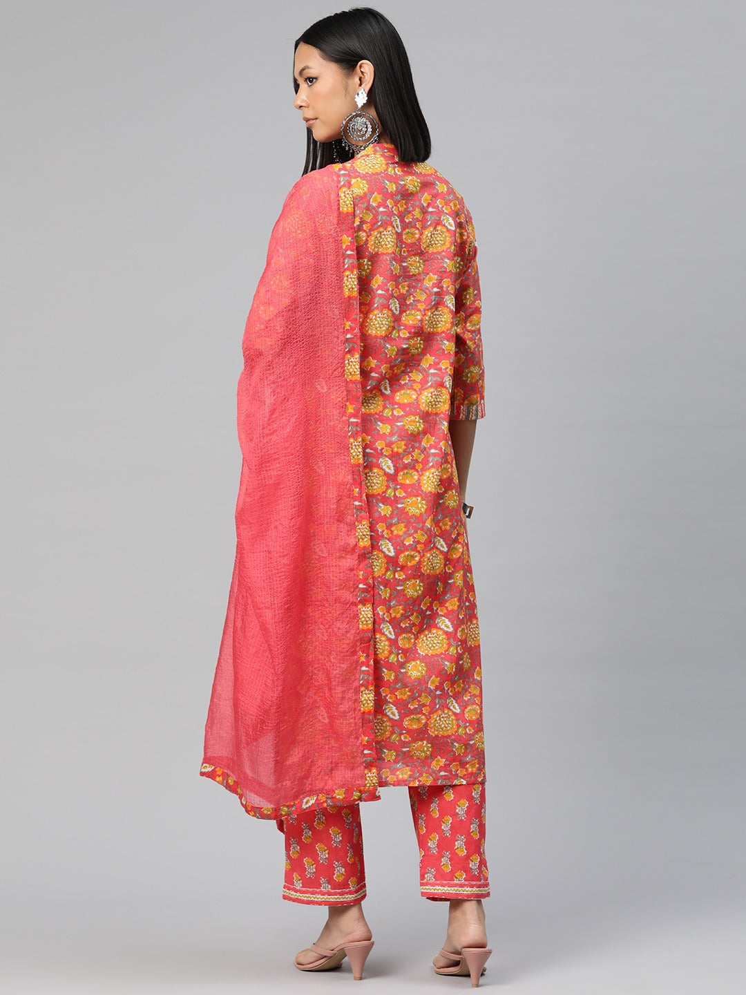 Straight Style Cotton Fabric Red Color Printed Kurti With Palazzo And Dupatta With Lace Work