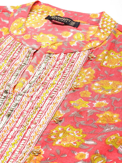 Straight Style Cotton Fabric Red Color Printed Kurti With Palazzo And Dupatta With Lace Work