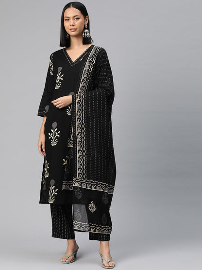 Straight Style Cotton Fabric Black Color Floral Printed Kurti With Palazzo And Dupatta