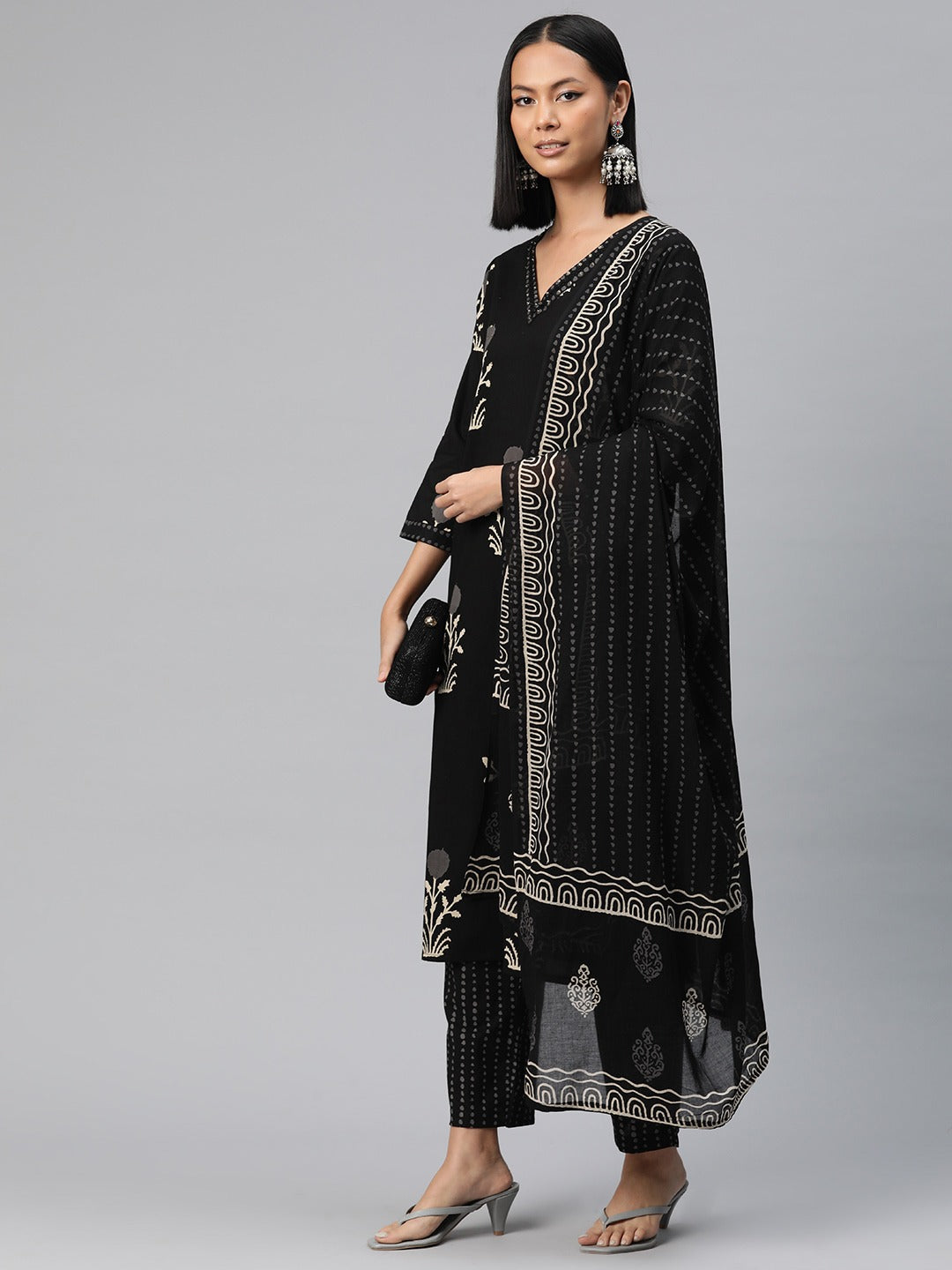 Straight Style Cotton Fabric Black Color Floral Printed Kurti With Palazzo And Dupatta