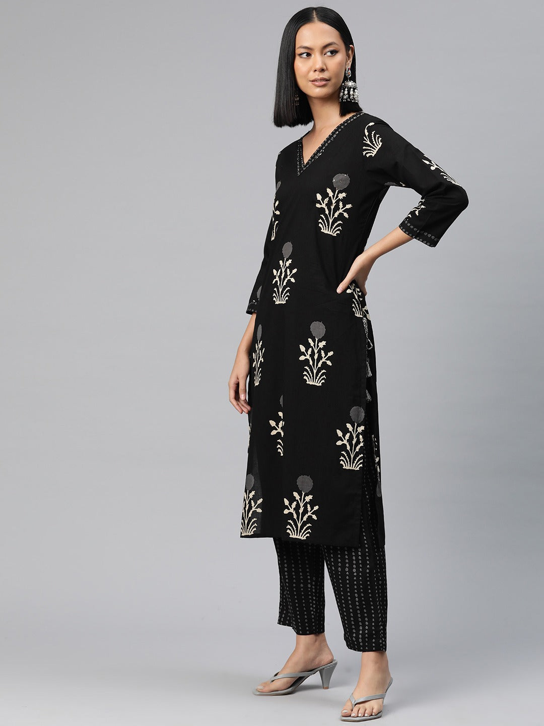 Straight Style Cotton Fabric Black Color Floral Printed Kurti With Palazzo And Dupatta