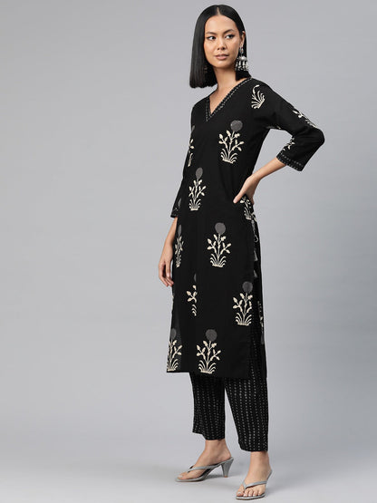 Straight Style Cotton Fabric Black Color Floral Printed Kurti With Palazzo And Dupatta