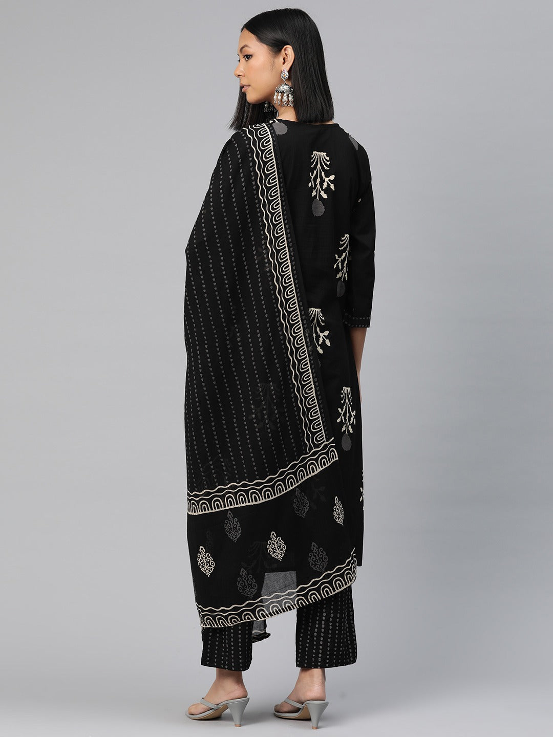 Straight Style Cotton Fabric Black Color Floral Printed Kurti With Palazzo And Dupatta