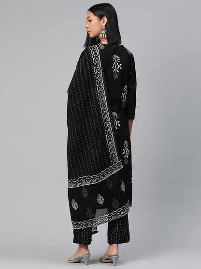Straight Style Cotton Fabric Black Color Floral Printed Kurti With Palazzo And Dupatta