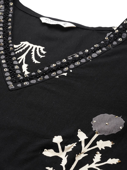 Straight Style Cotton Fabric Black Color Floral Printed Kurti With Palazzo And Dupatta