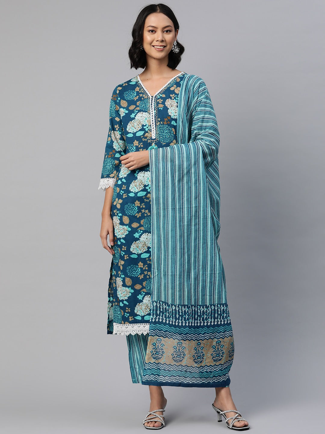 Straight Style Cotton Fabric Blue Color Floral Printed Kurti With Palazzo And Dupatta