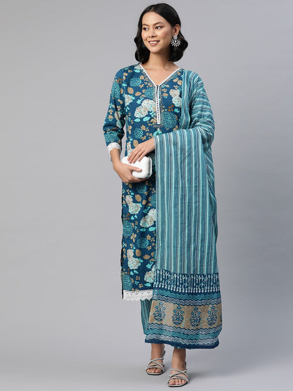 Straight Style Cotton Fabric Blue Color Floral Printed Kurti With Palazzo And Dupatta