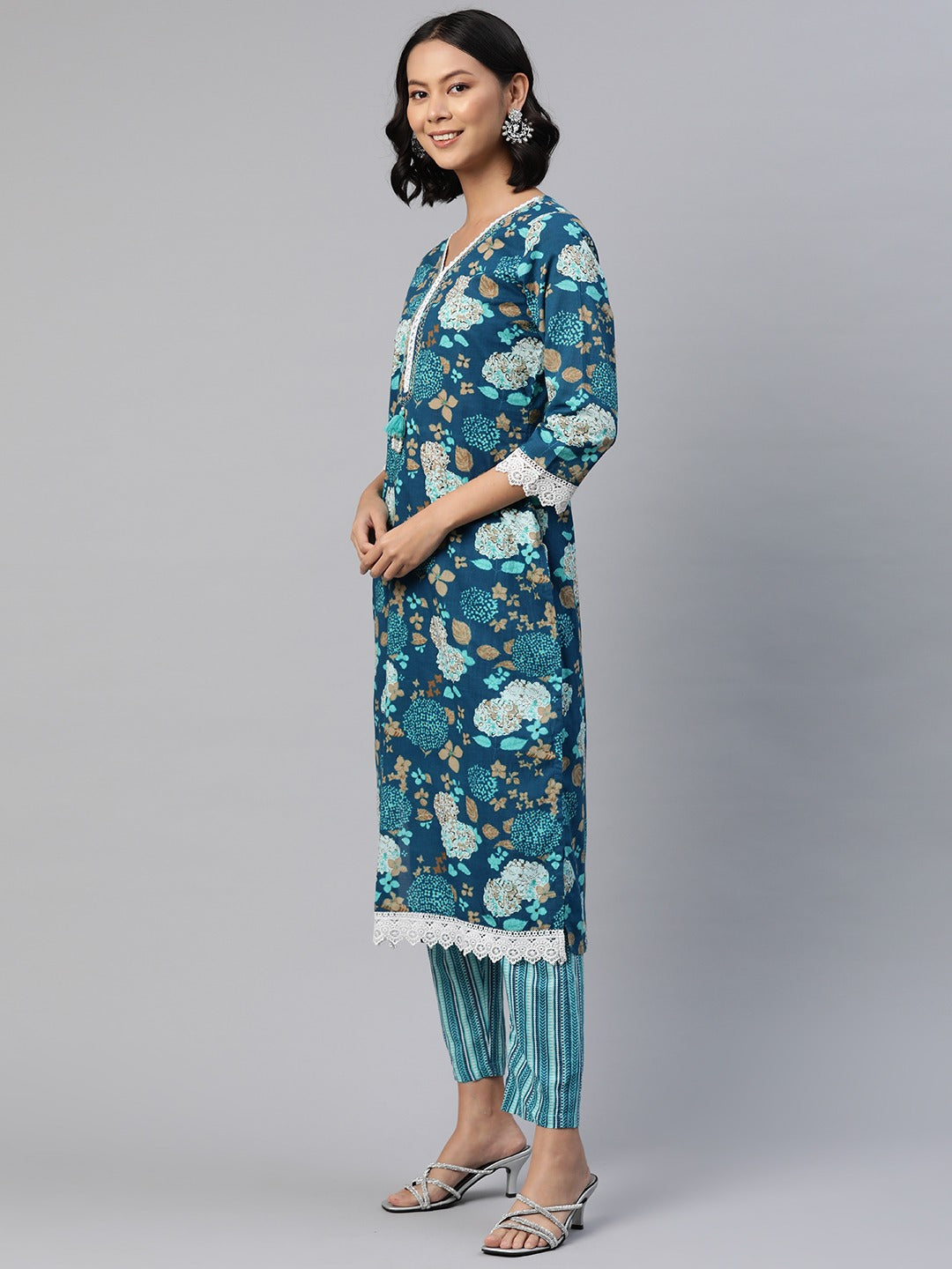 Straight Style Cotton Fabric Blue Color Floral Printed Kurti With Palazzo And Dupatta