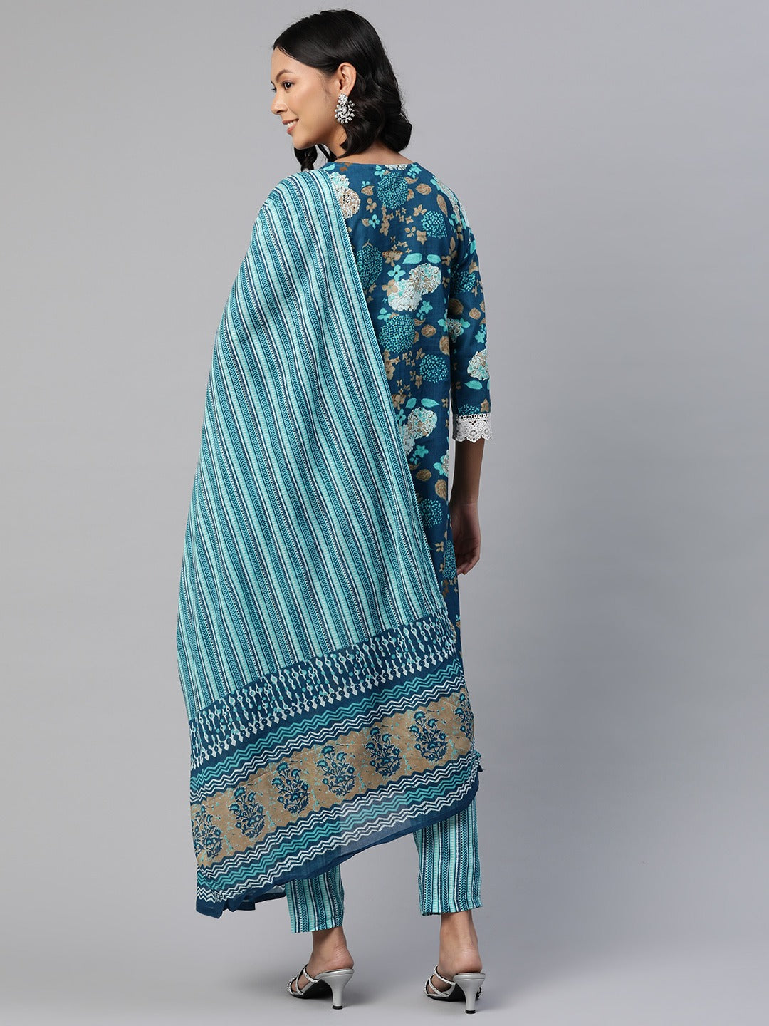 Straight Style Cotton Fabric Blue Color Floral Printed Kurti With Palazzo And Dupatta