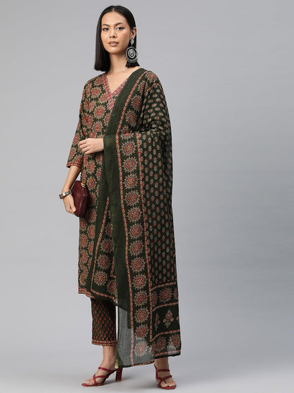 Straight Style Cotton Fabric Green Color Floral Printed Kurti With Palazzo And Dupatta With Thread Work