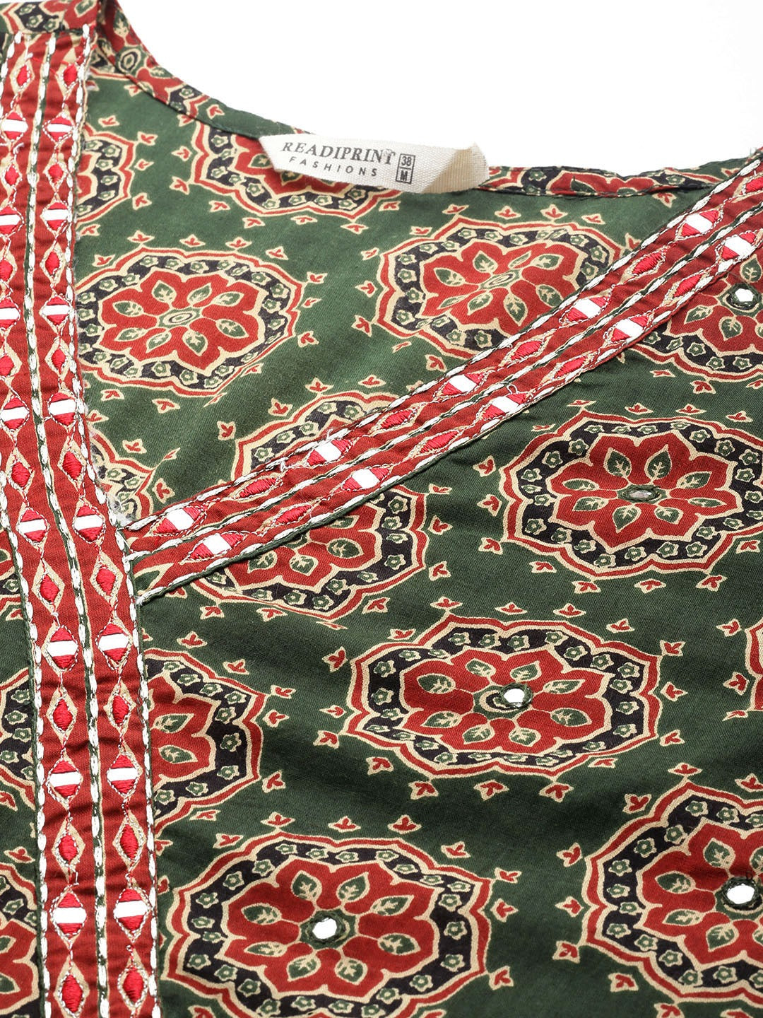 Straight Style Cotton Fabric Green Color Floral Printed Kurti With Palazzo And Dupatta With Thread Work