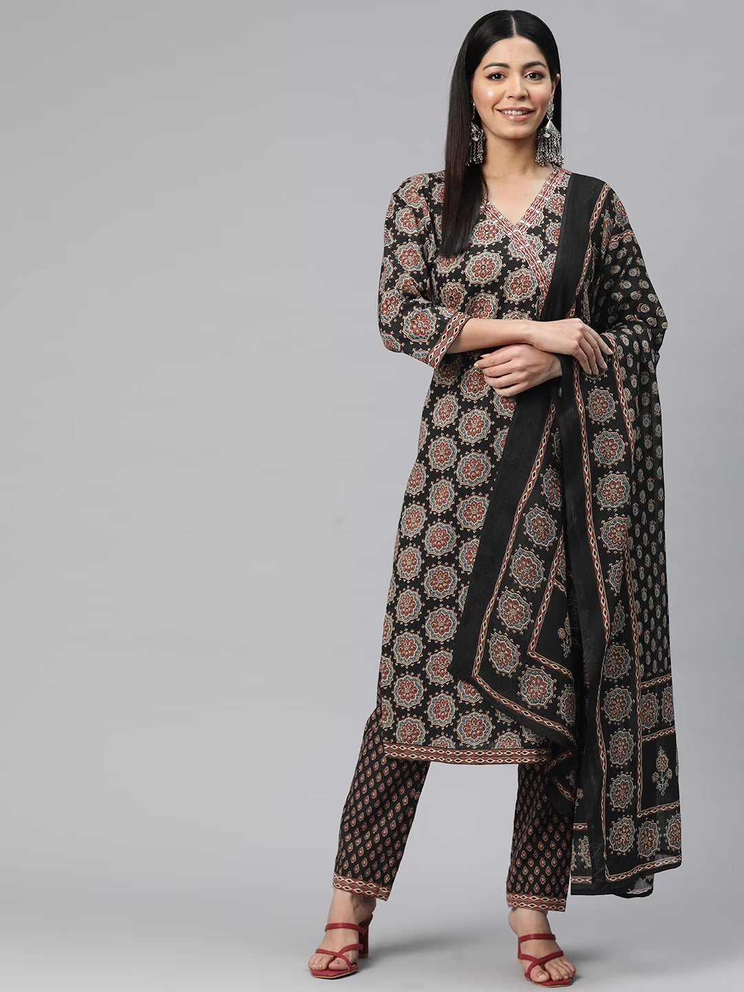 Straight Style Cotton Fabric Black Color Floral Printed Kurti With Palazzo And Dupatta With Thread Work