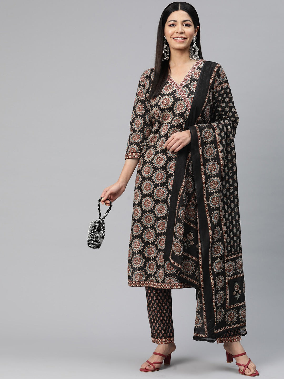 Straight Style Cotton Fabric Black Color Floral Printed Kurti With Palazzo And Dupatta With Thread Work