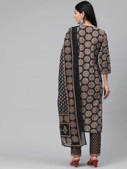 Straight Style Cotton Fabric Black Color Floral Printed Kurti With Palazzo And Dupatta With Thread Work