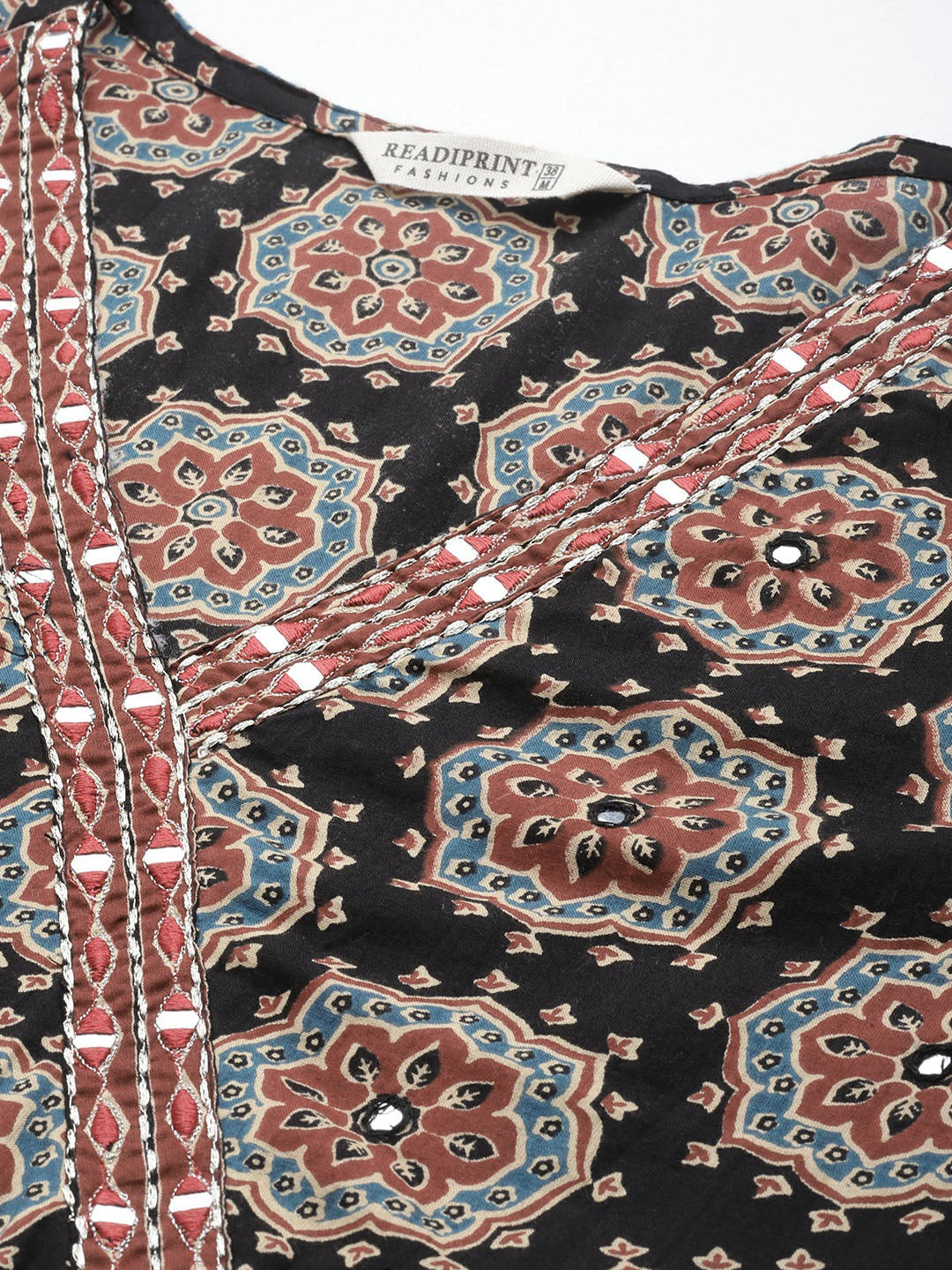 Straight Style Cotton Fabric Black Color Floral Printed Kurti With Palazzo And Dupatta With Thread Work