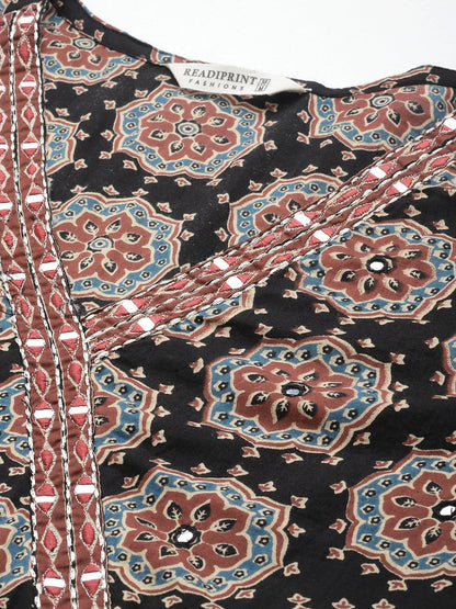 Straight Style Cotton Fabric Black Color Floral Printed Kurti With Palazzo And Dupatta With Thread Work