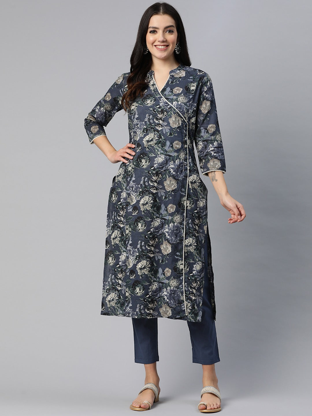 Straight Style Cotton Fabric Blue Color Floral Printed Kurti With Palazzo