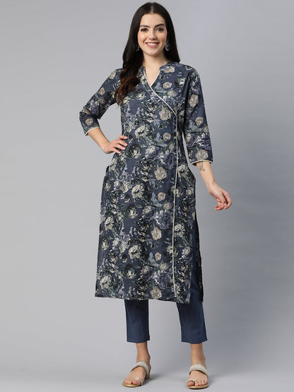 Straight Style Cotton Fabric Blue Color Floral Printed Kurti With Palazzo