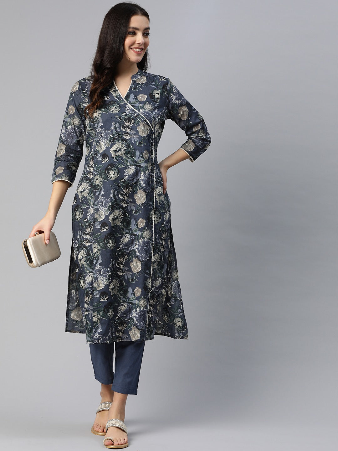 Straight Style Cotton Fabric Blue Color Floral Printed Kurti With Palazzo