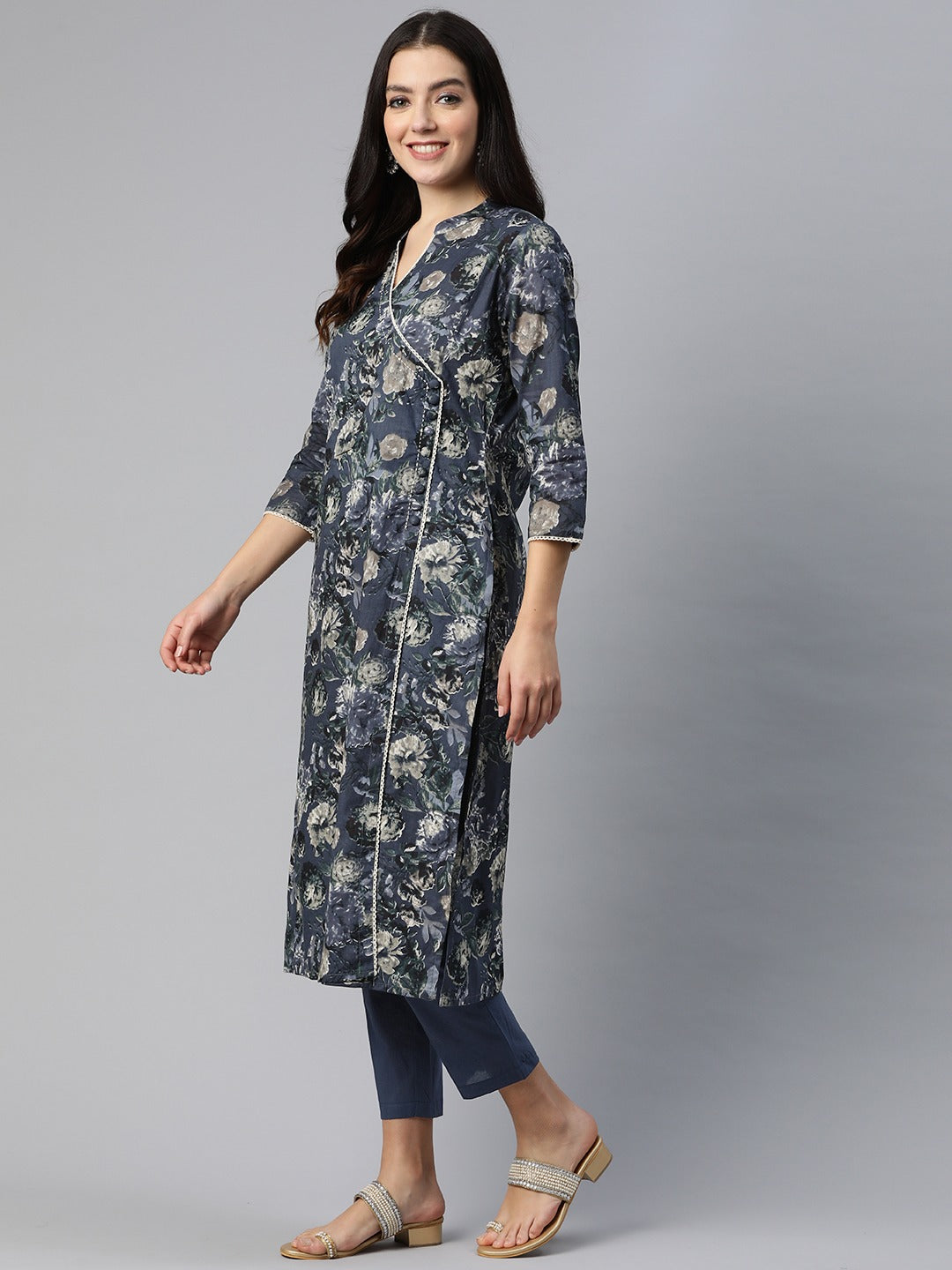Straight Style Cotton Fabric Blue Color Floral Printed Kurti With Palazzo
