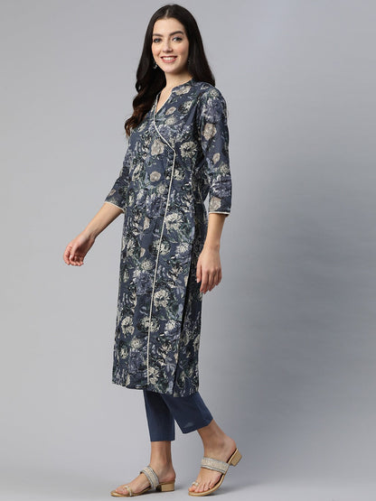Straight Style Cotton Fabric Blue Color Floral Printed Kurti With Palazzo