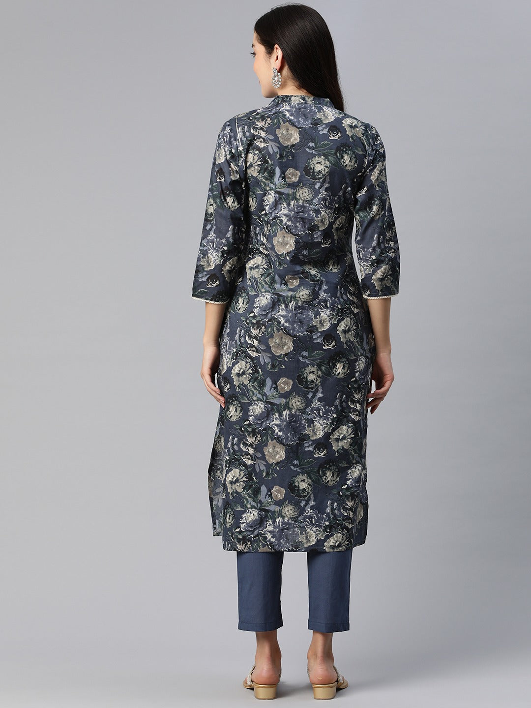 Straight Style Cotton Fabric Blue Color Floral Printed Kurti With Palazzo