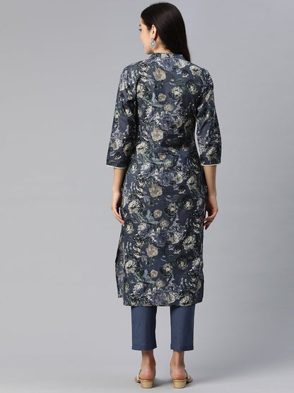 Straight Style Cotton Fabric Blue Color Floral Printed Kurti With Palazzo