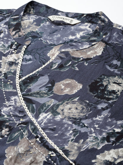 Straight Style Cotton Fabric Blue Color Floral Printed Kurti With Palazzo