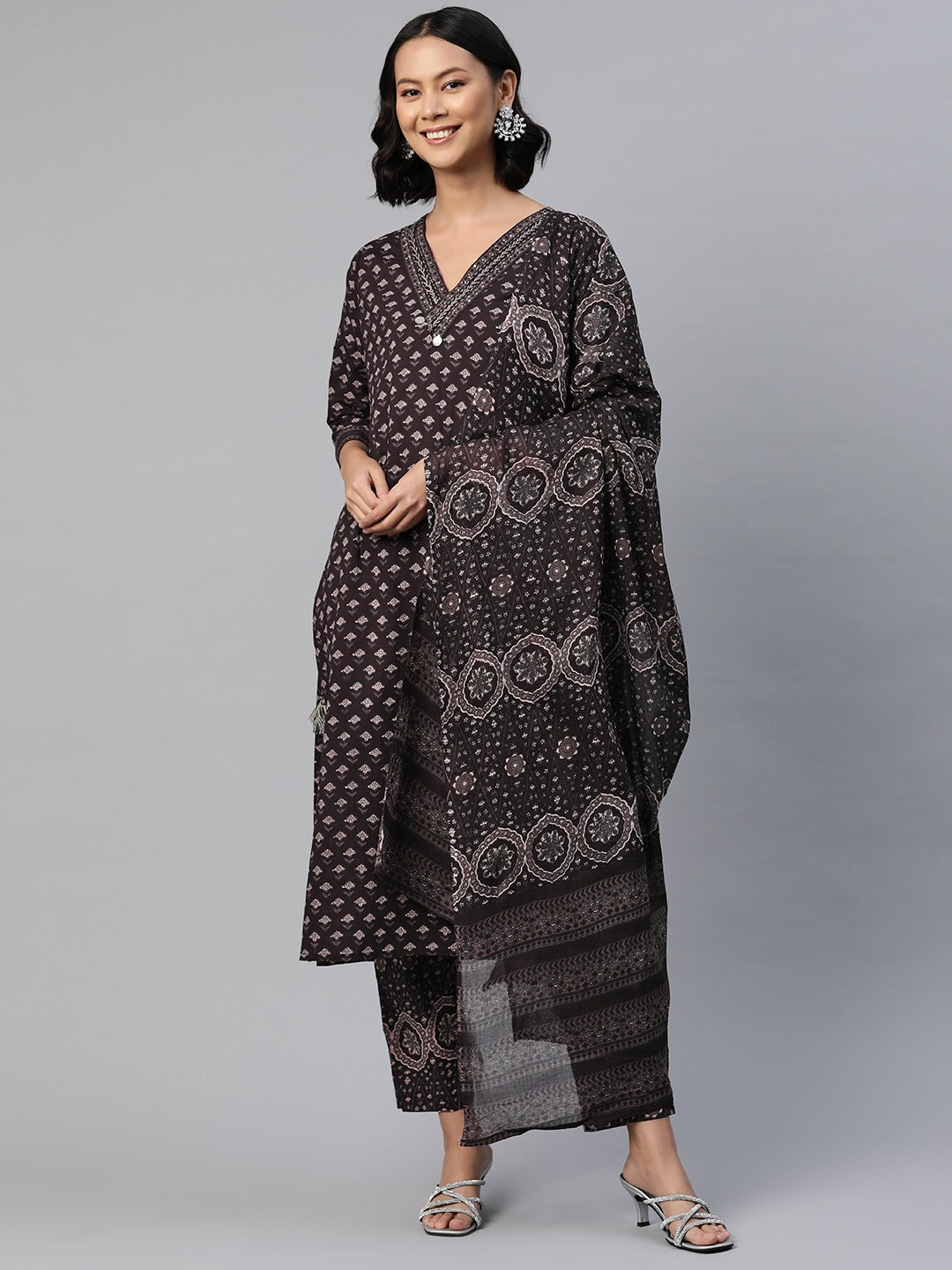 Straight Style Cotton Fabric Black Color Floral Printed Kurti With Palazzo And Dupatta
