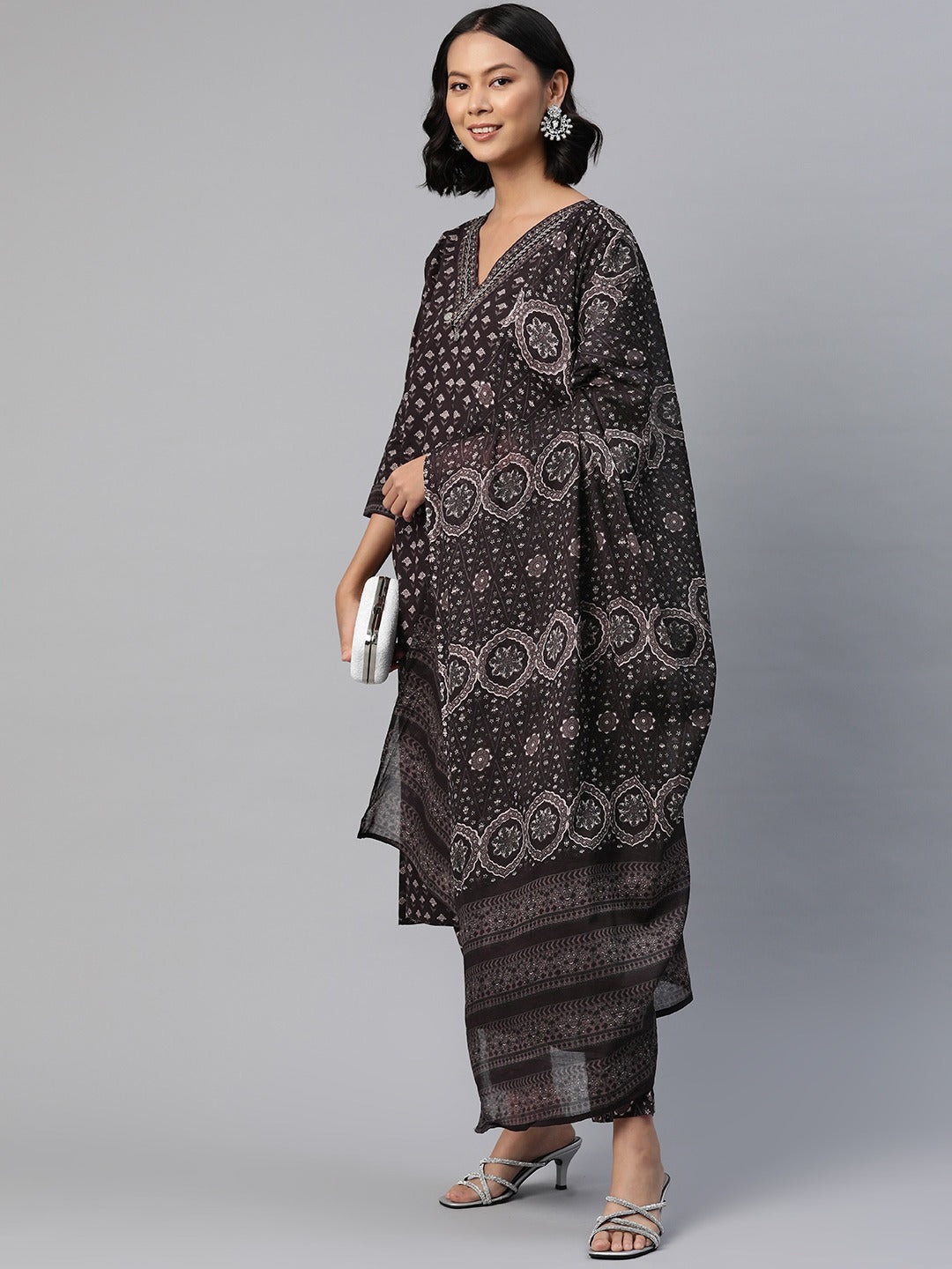 Straight Style Cotton Fabric Black Color Floral Printed Kurti With Palazzo And Dupatta