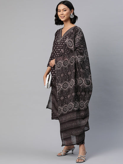 Straight Style Cotton Fabric Black Color Floral Printed Kurti With Palazzo And Dupatta