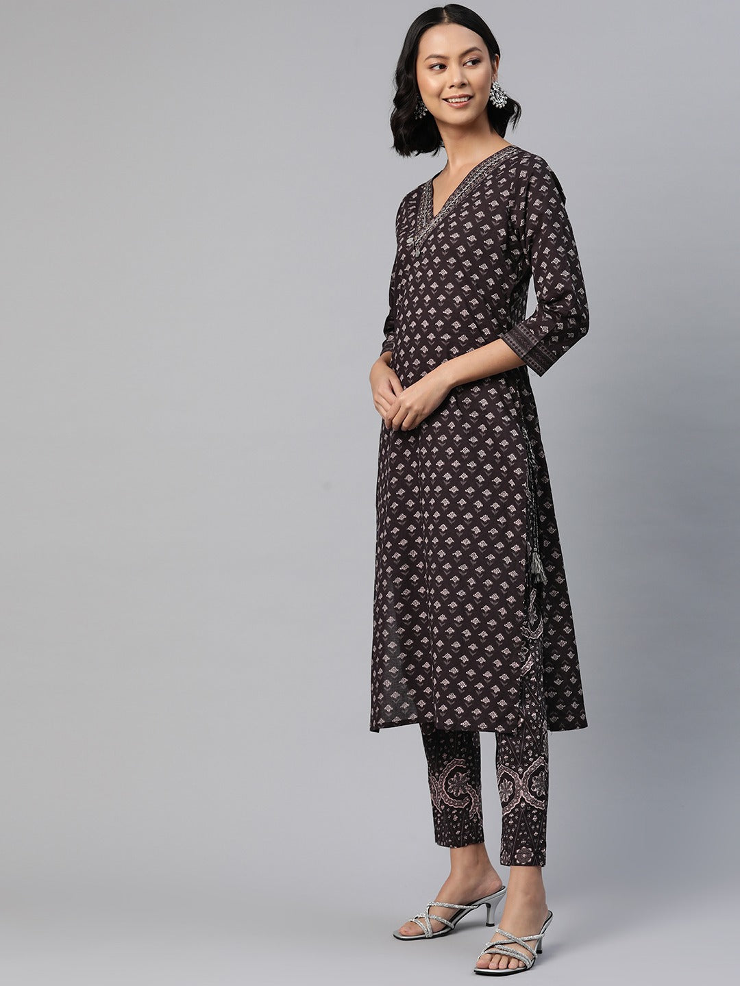 Straight Style Cotton Fabric Black Color Floral Printed Kurti With Palazzo And Dupatta