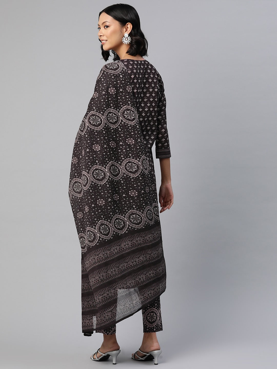 Straight Style Cotton Fabric Black Color Floral Printed Kurti With Palazzo And Dupatta