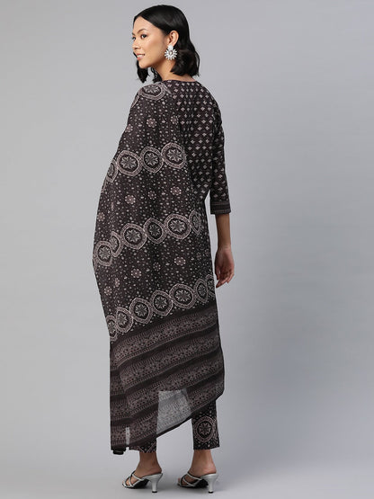 Straight Style Cotton Fabric Black Color Floral Printed Kurti With Palazzo And Dupatta