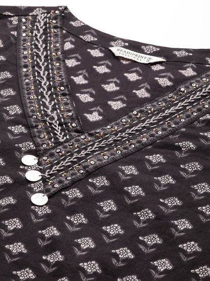 Straight Style Cotton Fabric Black Color Floral Printed Kurti With Palazzo And Dupatta