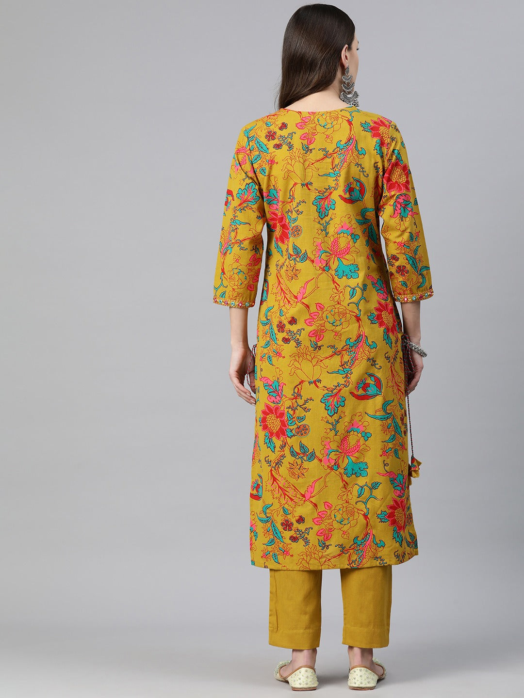 Straight Style Cotton Fabric Mustard Color Floral Printed Kurti With Palazzo