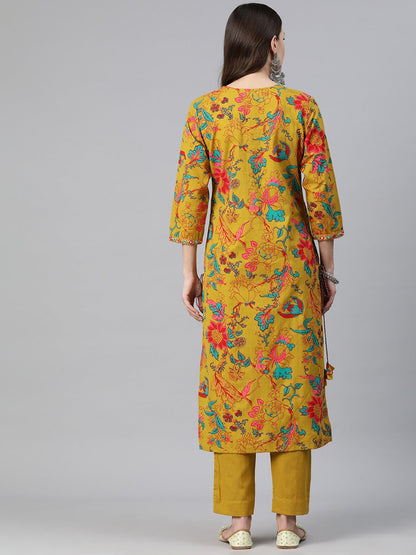 Straight Style Cotton Fabric Mustard Color Floral Printed Kurti With Palazzo