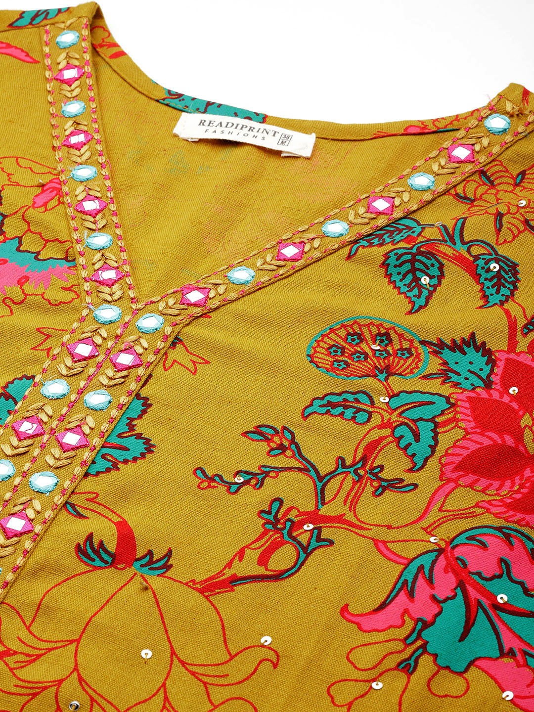 Straight Style Cotton Fabric Mustard Color Floral Printed Kurti With Palazzo