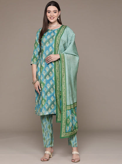 Straight Style Silk Fabric Blue Color Printed & Cut Dana Work Kurti With Palazzo And Dupatta