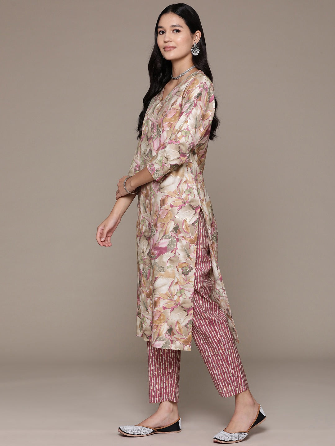 Straight Style Silk Fabric Pink Color Printed Work Kurti With Palazzo
