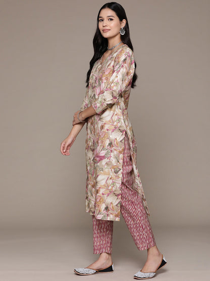 Straight Style Silk Fabric Pink Color Printed Work Kurti With Palazzo