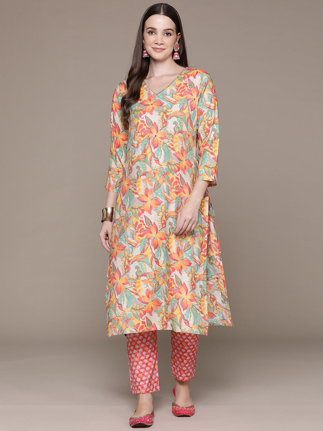 Straight Style Silk Fabric Pink Color Floral Printed & Cut Dana Work Kurti With Palazzo