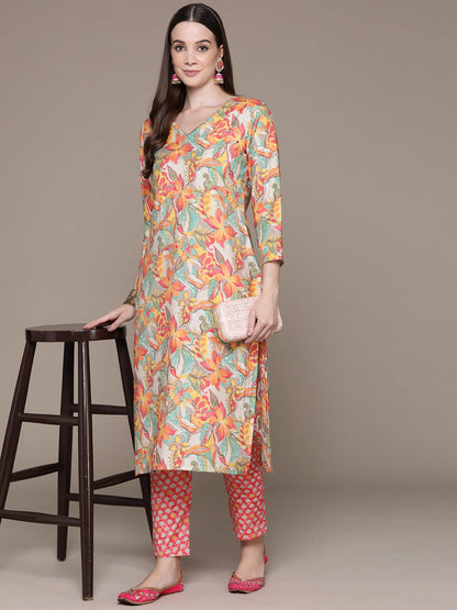 Straight Style Silk Fabric Pink Color Floral Printed & Cut Dana Work Kurti With Palazzo