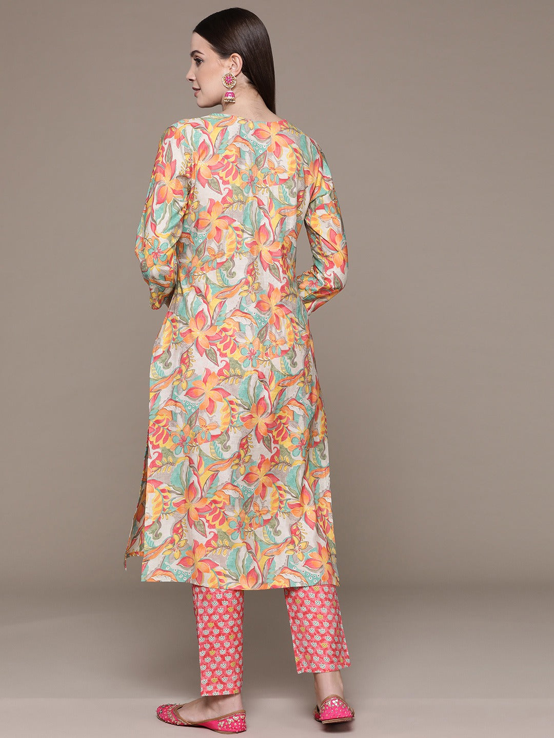 Straight Style Silk Fabric Pink Color Floral Printed & Cut Dana Work Kurti With Palazzo