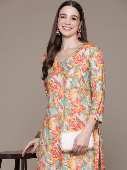 Straight Style Silk Fabric Pink Color Floral Printed & Cut Dana Work Kurti With Palazzo