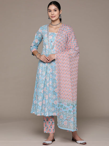 Anarkali Style Cotton Fabric Blue Color Floral Printed Sequin Work Kurti With Palazzo And Dupatta